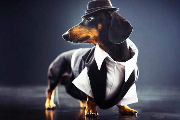 A Dog wearing a Tuxedo and a hat