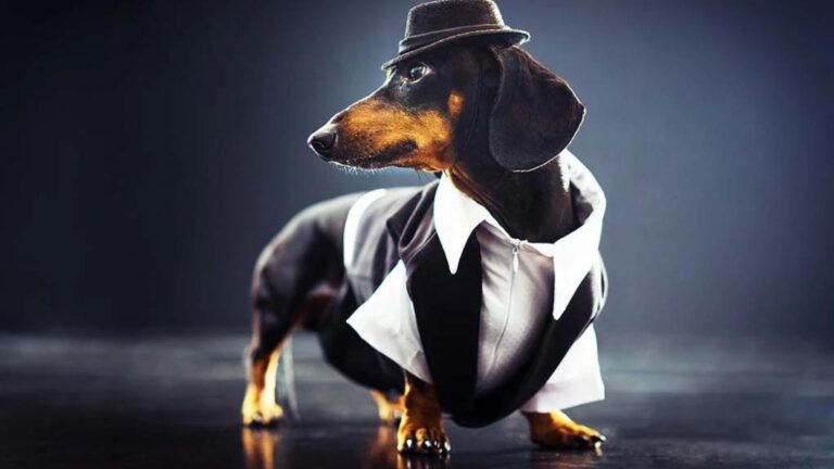 A Dog wearing a Tuxedo and a hat